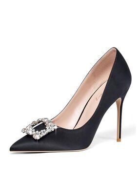 Women's Stiletto Heel Pumps with Rhinestone Brooch Pointed Toe Slip On Heels